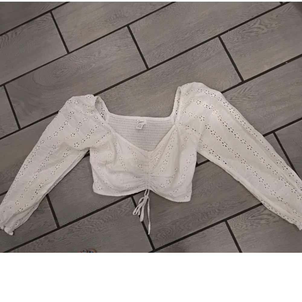 Japna White Eyelet Cotton Crop‎ Top Long Sleeve Smocked Back Boho Blouse Small